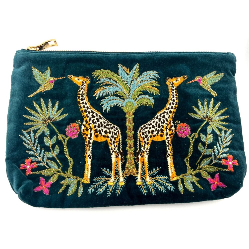 Elizabeth Scarlett Organic Velvet Embroidered Giraffe Hummingbird Pouch Clutch